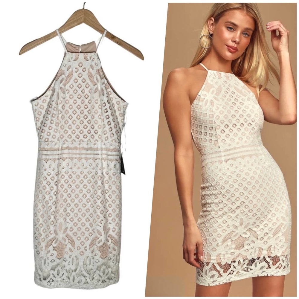 Lulus | Women | Steal A Kiss White Lace Halter Sheath Mini Dress | Size Small